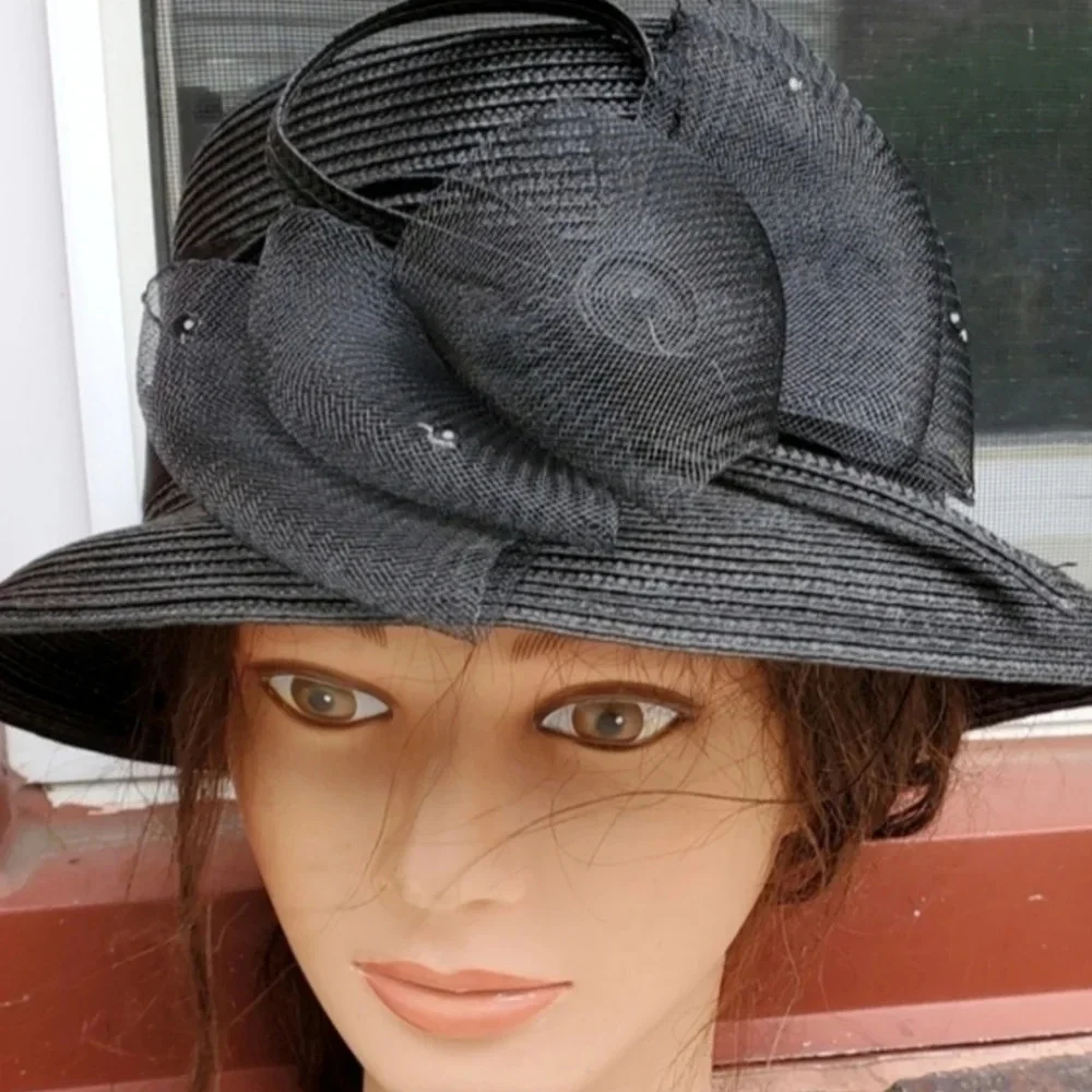 Black Floral Derby Hat Wide Brim Church Tea Party Wedding Fascinator Vintage Sty